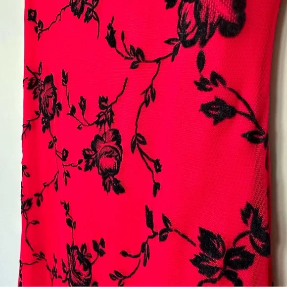 Vintage Y2K Small Whimsigoth Red Maxi Dress Black Velvet Roses Overlay Strappy